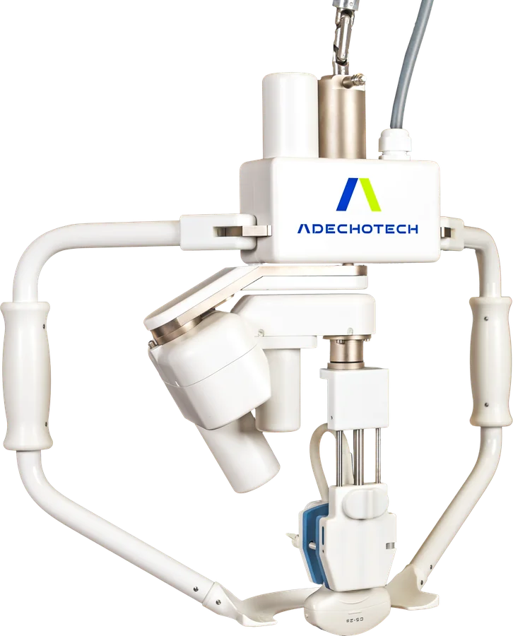 The MELODY robotic probe holder by AdEchoTech, which holds a standard ultrasound probe at the patient's site