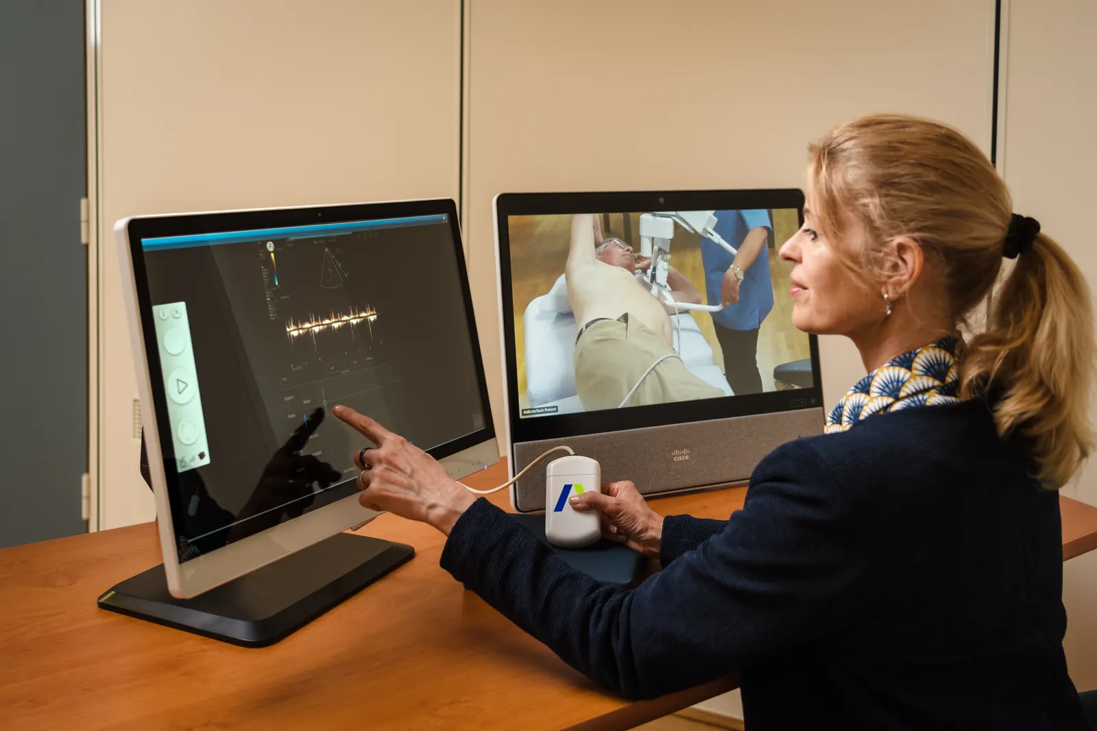 At the specialist's station: the specialist moves the twin probe while watching the ultrasound images and the patient's room on screen